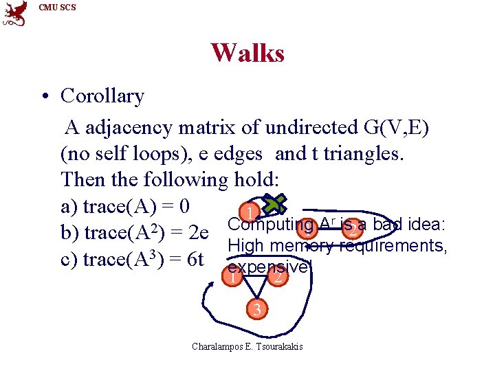 CMU SCS Walks • Corollary A adjacency matrix of undirected G(V, E) (no self