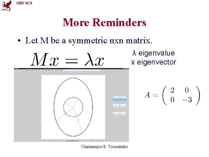 CMU SCS More Reminders • Let M be a symmetric nxn matrix. λ eigenvalue