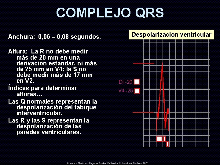 COMPLEJO QRS Anchura: 0, 06 – 0, 08 segundos. Altura: La R no debe