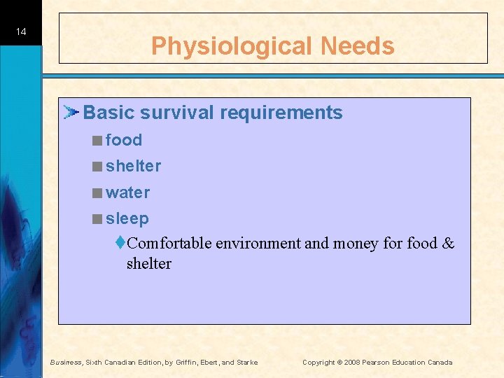 14 Physiological Needs Basic survival requirements <food <shelter <water <sleep t. Comfortable environment and