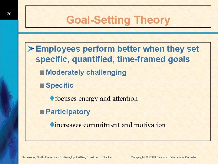 25 Goal-Setting Theory Employees perform better when they set specific, quantified, time-framed goals <Moderately