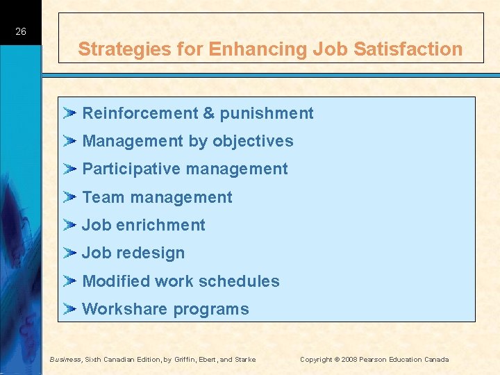 26 Strategies for Enhancing Job Satisfaction Reinforcement & punishment Management by objectives Participative management
