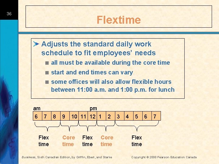 36 Flextime Adjusts the standard daily work schedule to fit employees’ needs < all
