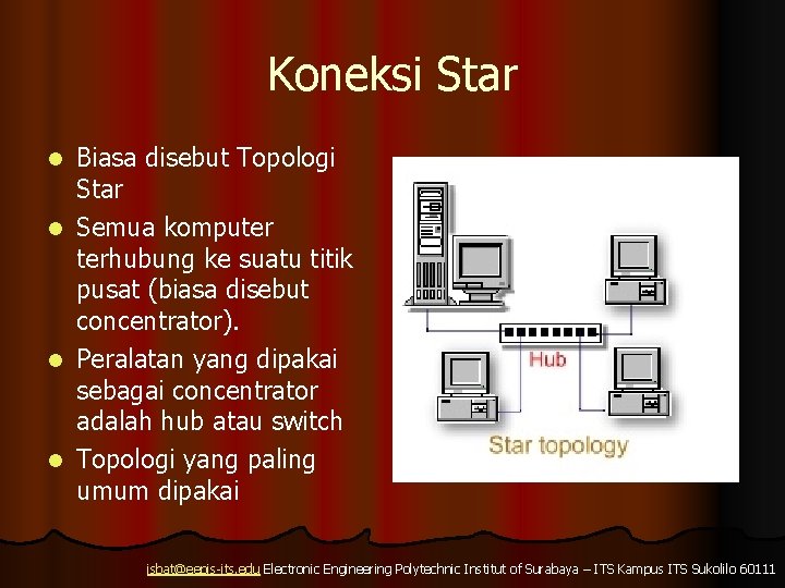 Koneksi Star Biasa disebut Topologi Star l Semua komputer terhubung ke suatu titik pusat