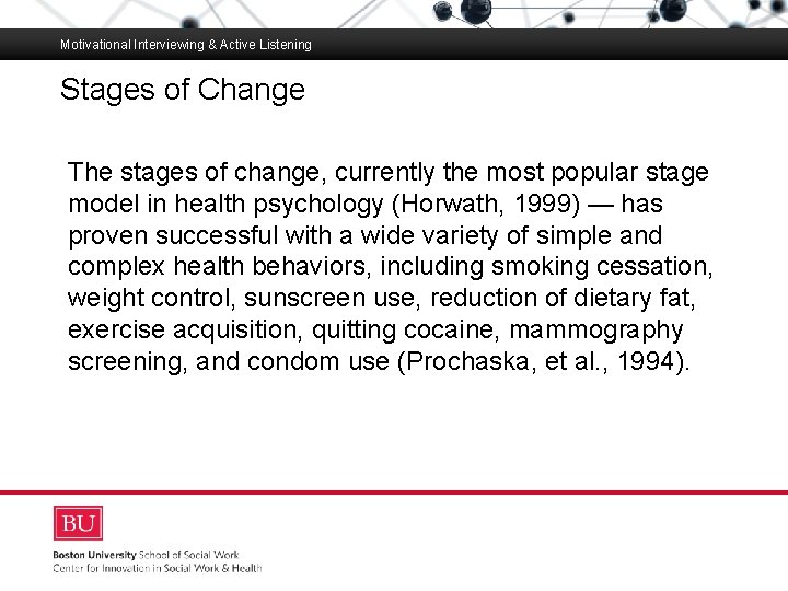 Motivational Interviewing & Active Listening Stages of Change Boston University Slideshow Title Goes Here