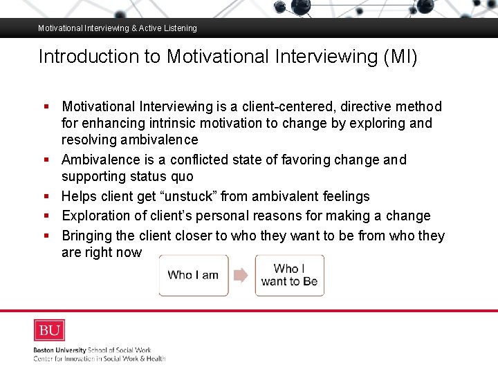 Motivational Interviewing & Active Listening Introduction to Motivational Interviewing (MI) Boston University Slideshow Title