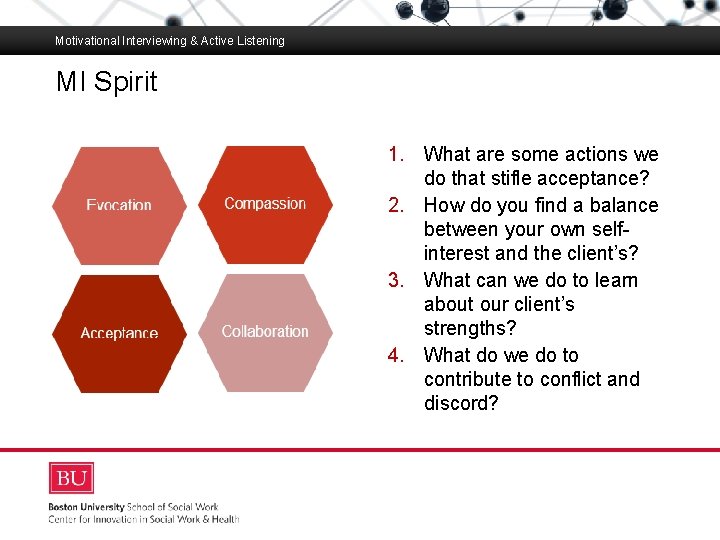 Motivational Interviewing & Active Listening MI Spirit Boston University Slideshow Title Goes Here 1.