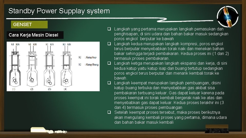 Standby Power Supplay system GENSET Cara Kerja Mesin Diesel q Langkah yang pertama merupakan