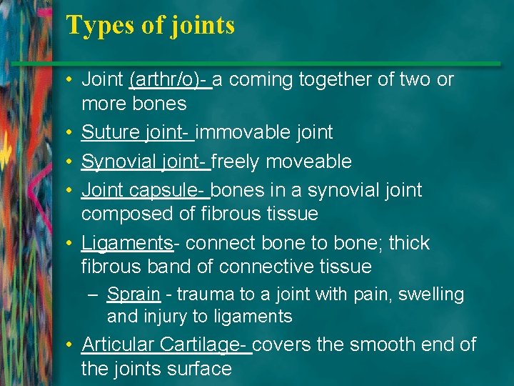 Types of joints • Joint (arthr/o)- a coming together of two or more bones