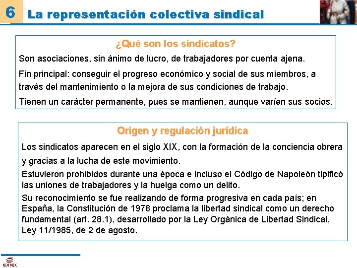 6 La representación colectiva sindical ¿Qué son los sindicatos? Son asociaciones, sin ánimo de