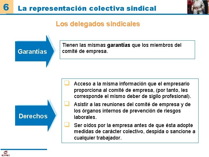 6 La representación colectiva sindical Los delegados sindicales Garantías Tienen las mismas garantías que