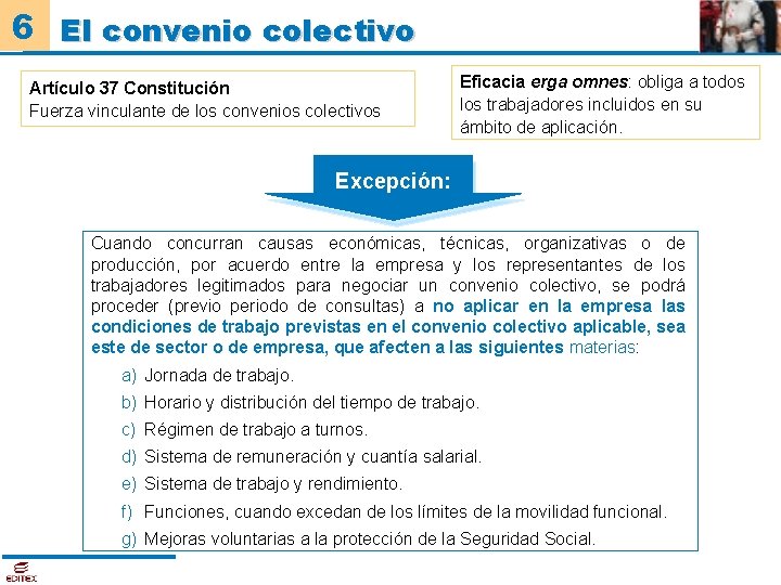 6 El convenio colectivo Artículo 37 Constitución Fuerza vinculante de los convenios colectivos Eficacia