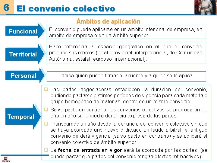 6 El convenio colectivo Ámbitos de aplicación Funcional El convenio puede aplicarse en un