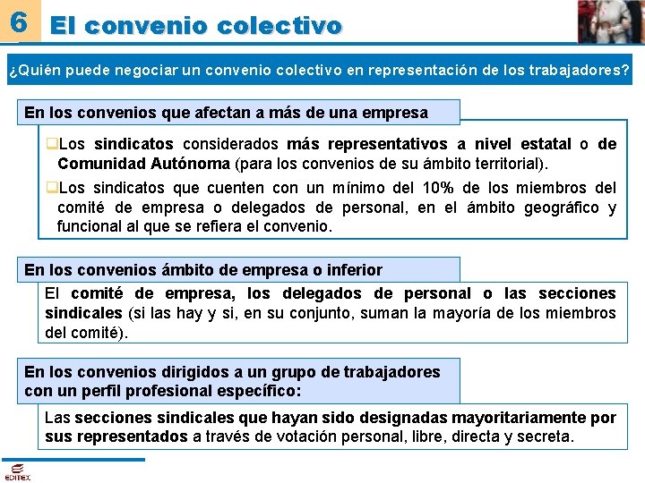 6 El convenio colectivo ¿Quién puede negociar un convenio colectivo en representación de los