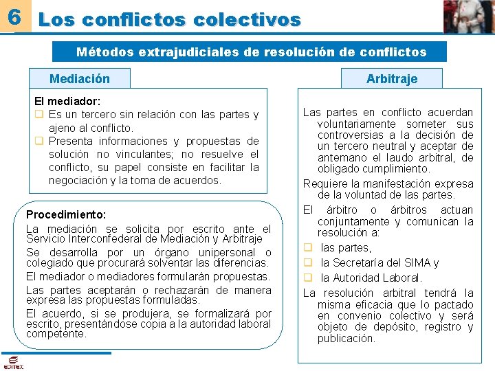 6 Los conflictos colectivos Métodos extrajudiciales de resolución de conflictos Mediación El mediador: q