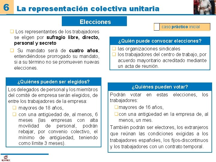 6 La representación colectiva unitaria Elecciones caso práctico inicial q Los representantes de los