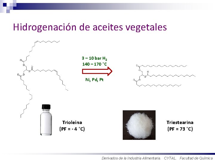 Hidrogenación de aceites vegetales 3 – 10 bar H 2 140 – 170 °C