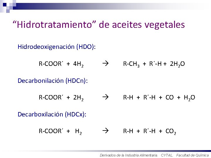 “Hidrotratamiento” de aceites vegetales Hidrodeoxigenación (HDO): R-COOR´ + 4 H 2 R-CH 3 +