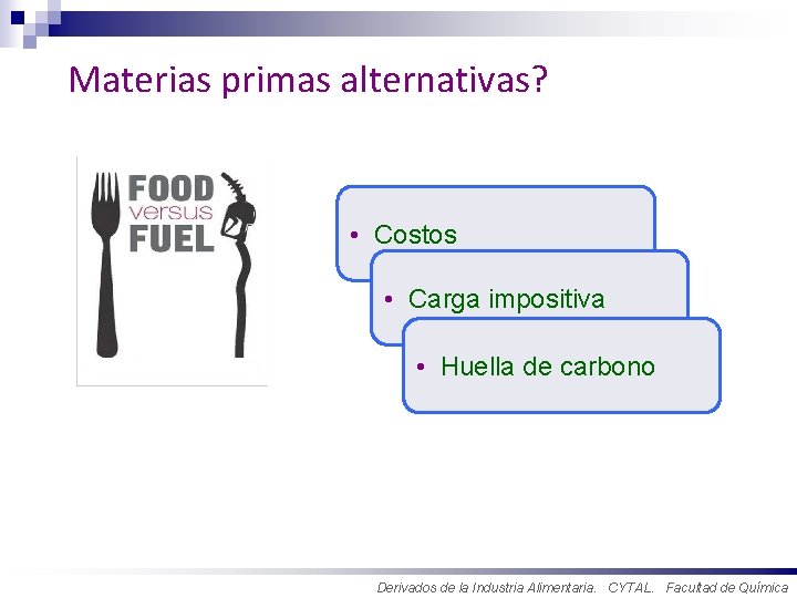 Materias primas alternativas? • Costos • Carga impositiva • Huella de carbono Derivados de