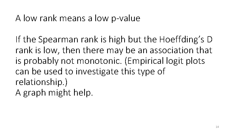 A low rank means a low p-value If the Spearman rank is high but