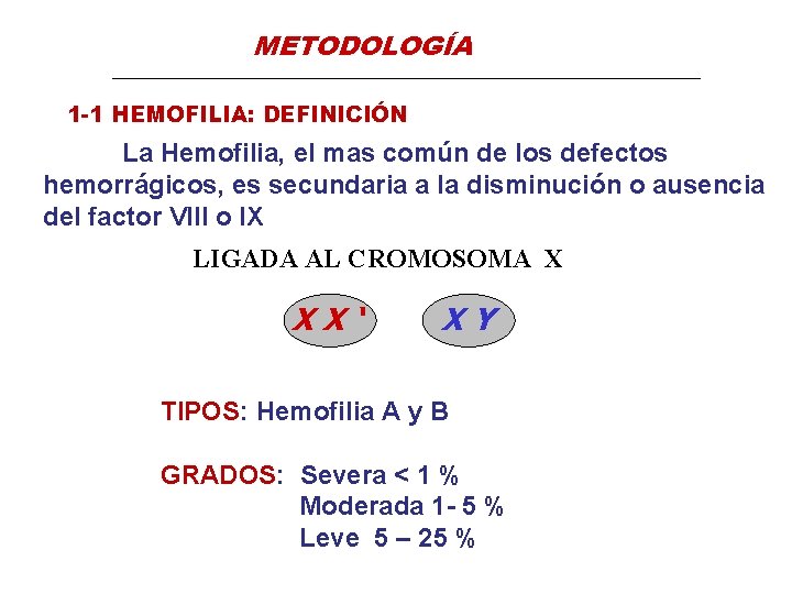 METODOLOGÍA 1 -1 HEMOFILIA: DEFINICIÓN La Hemofilia, el mas común de los defectos hemorrágicos,