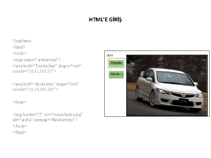 HTML’E GİRİŞ Uygulama <html> <body> <map name=”arabaresmi”> <area href=”Toyota. htm” shape=”rect” coords=” 18, 11,