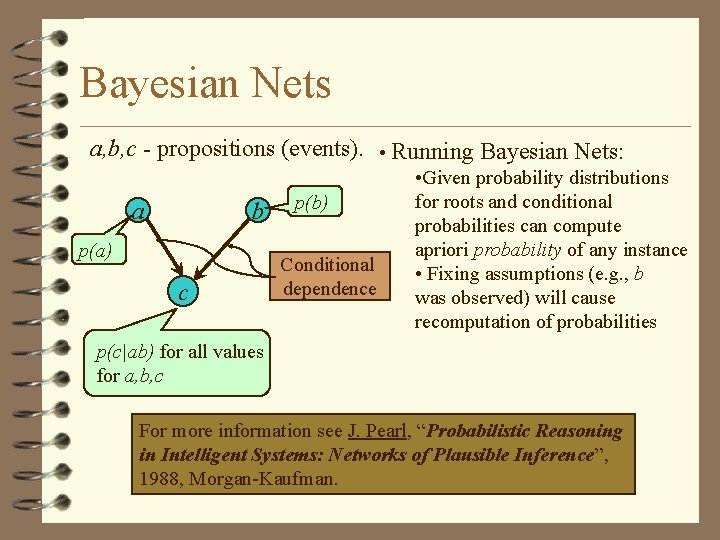 Bayesian Nets a, b, c - propositions (events). • Running Bayesian Nets: a b