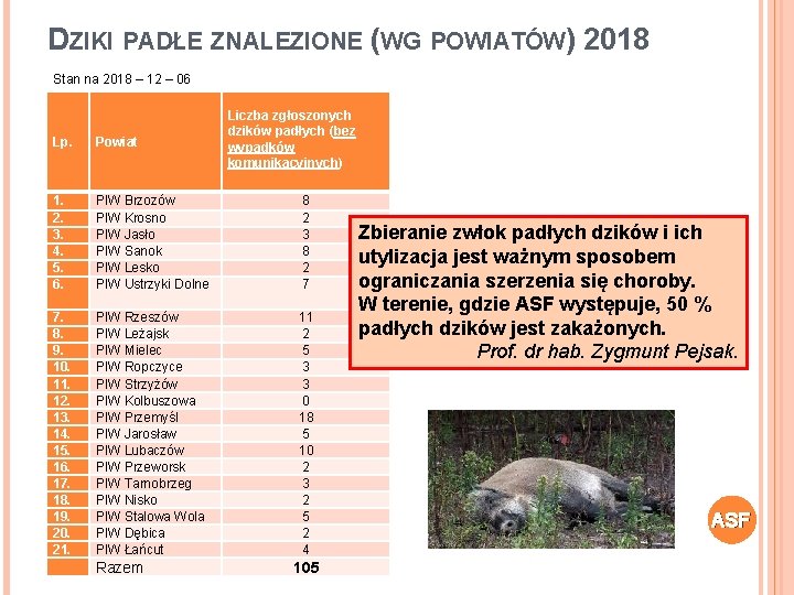 DZIKI PADŁE ZNALEZIONE (WG POWIATÓW) 2018 Stan na 2018 – 12 – 06 Liczba