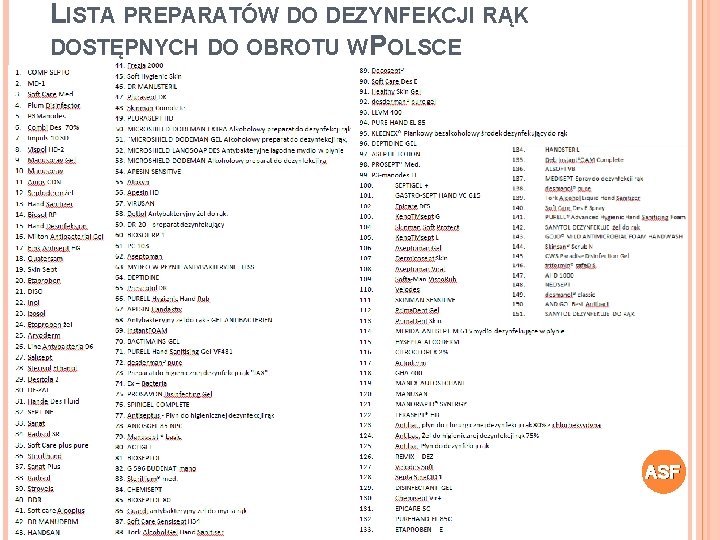 LISTA PREPARATÓW DO DEZYNFEKCJI RĄK DOSTĘPNYCH DO OBROTU W POLSCE ASF 