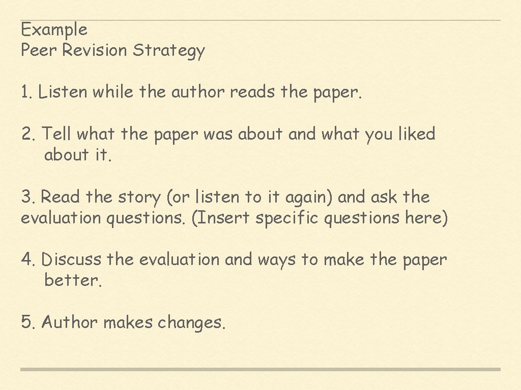 Example Peer Revision Strategy 1. Listen while the author reads the paper. 2. Tell