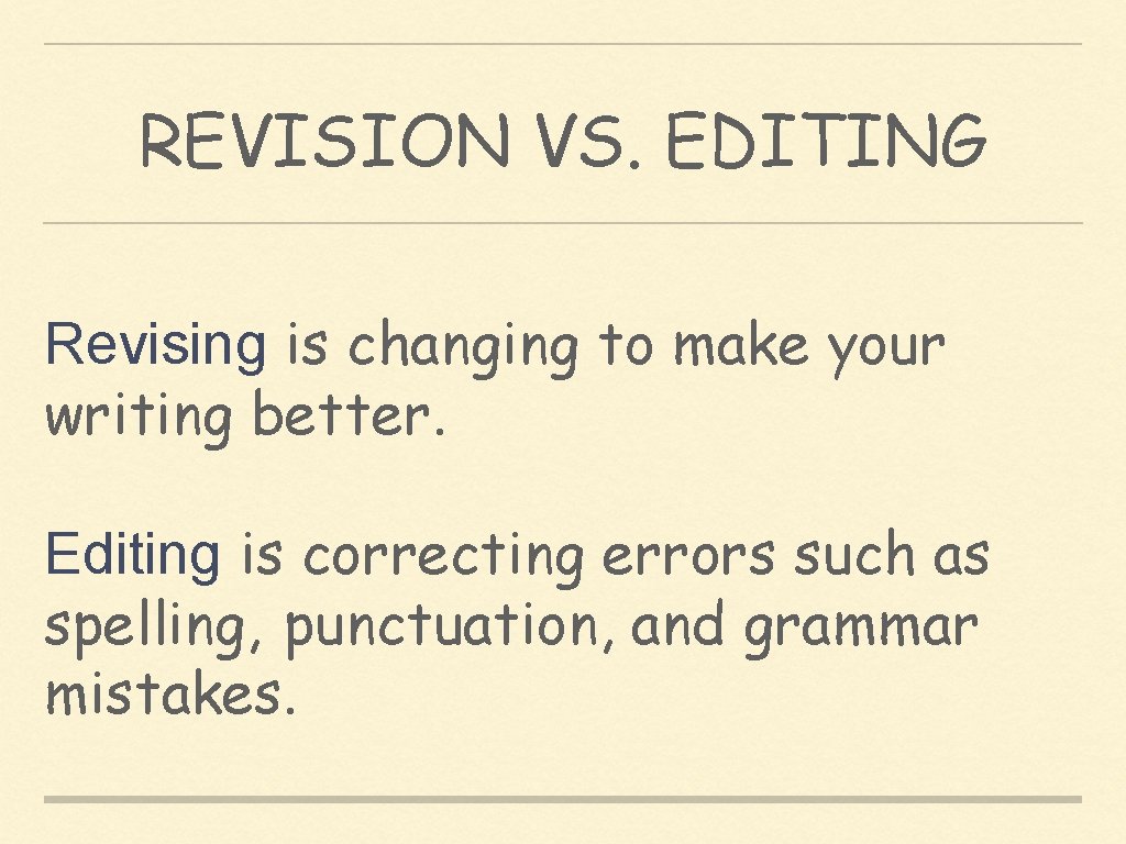 REVISION VS. EDITING Revising is changing to make your writing better. Editing is correcting