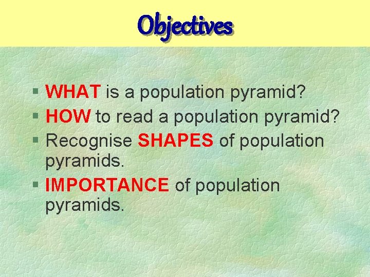 Objectives § WHAT is a population pyramid? § HOW to read a population pyramid?