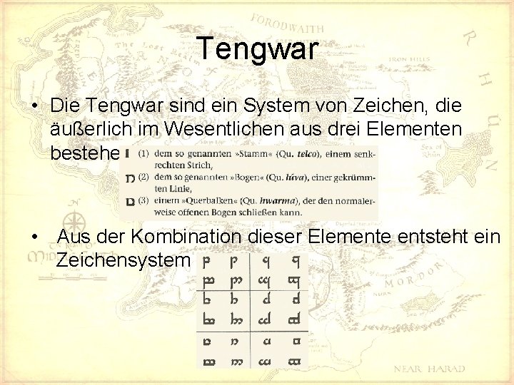 Tengwar • Die Tengwar sind ein System von Zeichen, die äußerlich im Wesentlichen aus