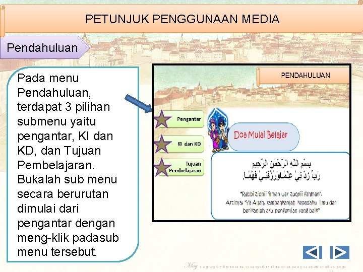 PETUNJUK PENGGUNAAN MEDIA Pendahuluan Pada menu Pendahuluan, terdapat 3 pilihan submenu yaitu pengantar, KI
