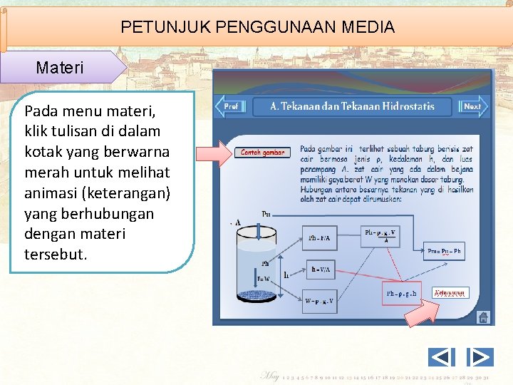 PETUNJUK PENGGUNAAN MEDIA Materi Pada menu materi, klik tulisan di dalam kotak yang berwarna
