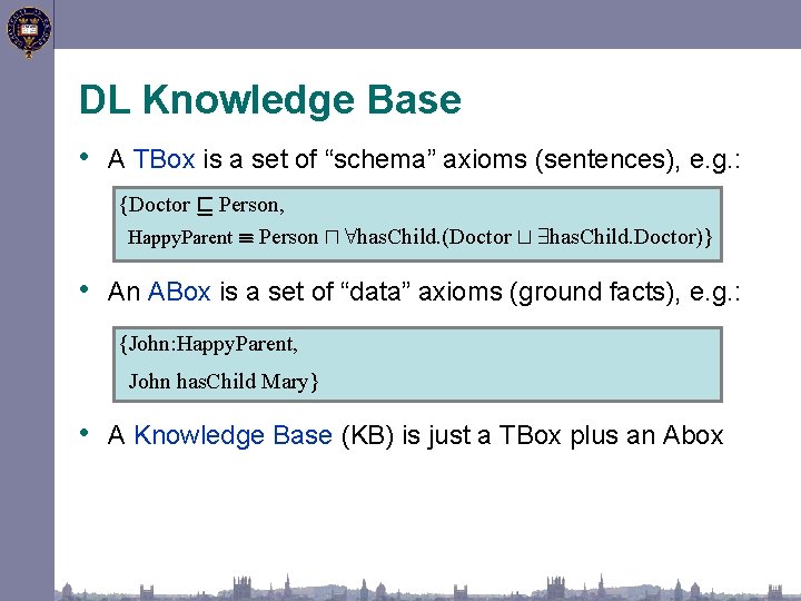 DL Knowledge Base • A TBox is a set of “schema” axioms (sentences), e.