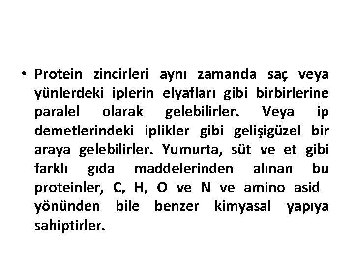  • Protein zincirleri aynı zamanda saç veya yünlerdeki iplerin elyafları gibi birbirlerine paralel