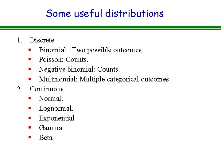 Some useful distributions 1. Discrete § Binomial : Two possible outcomes. § Poisson: Counts. Some useful distributions 1. Discrete § Binomial : Two possible outcomes. § Poisson: Counts.