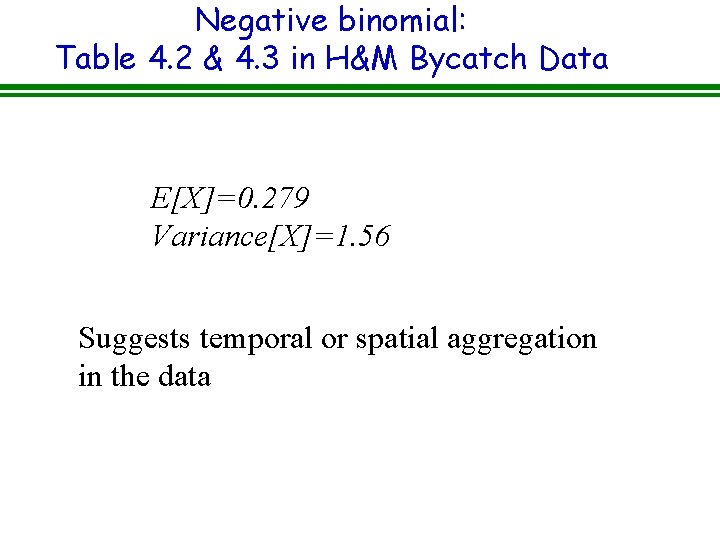 Negative binomial: Table 4. 2 & 4. 3 in H&M Bycatch Data E[X]=0. 279