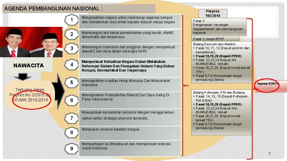 AGENDA PEMBANGUNAN NASIONAL : NAWACITA Tertuang dalam Perpres No 2/2015 ttg RPJMN 2015 -2019