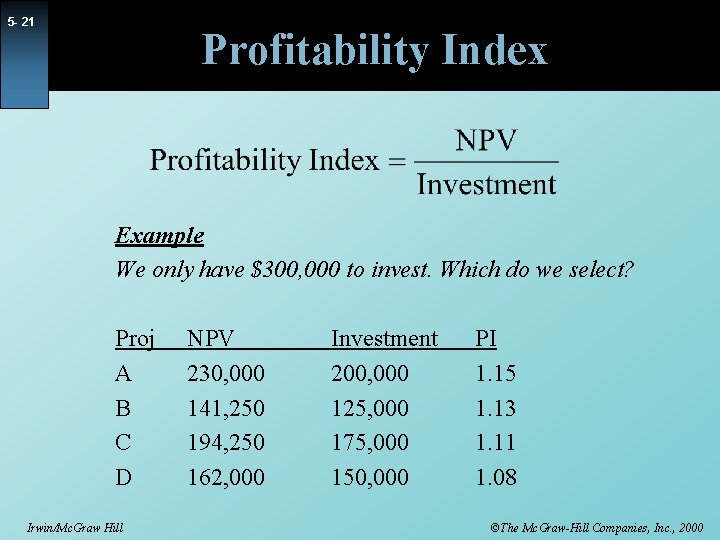 5 - 21 Profitability Index Example We only have $300, 000 to invest. Which