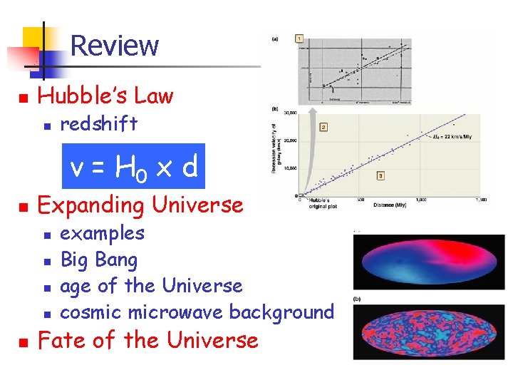 Review n Hubble’s Law n redshift v = H 0 x d n Expanding