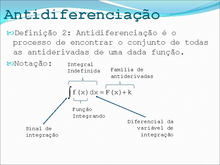 Antidiferenciação Definição 2: Antidiferenciação é o processo de encontrar o conjunto de todas as