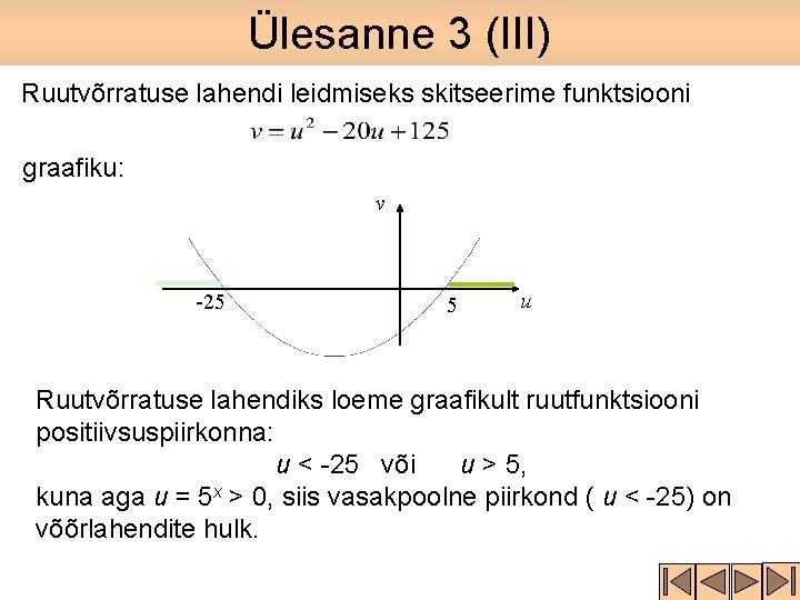 Ülesanne 3 (III) Ruutvõrratuse lahendi leidmiseks skitseerime funktsiooni graafiku: v -25 5 u Ruutvõrratuse