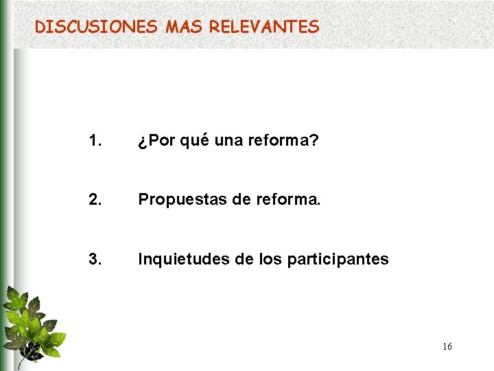 DISCUSIONES MAS RELEVANTES 1. ¿Por qué una reforma? 2. Propuestas de reforma. 3. Inquietudes