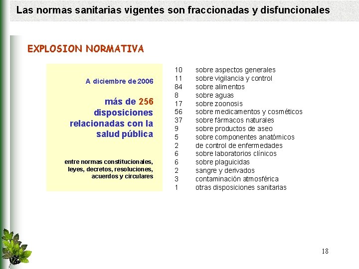 Las normas sanitarias vigentes son fraccionadas y disfuncionales EXPLOSION NORMATIVA A diciembre de 2006