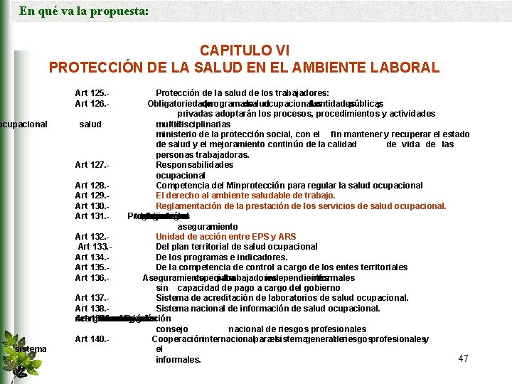 En qué va la propuesta: CAPITULO VI PROTECCIÓN DE LA SALUD EN EL AMBIENTE
