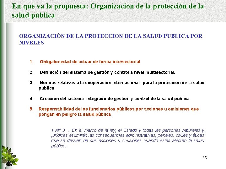 En qué va la propuesta: Organización de la protección de la salud pública ORGANIZACIÓN