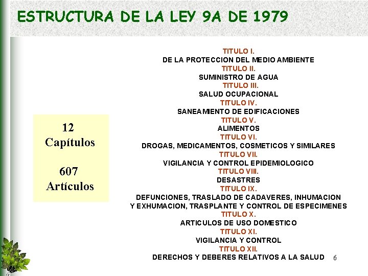 ESTRUCTURA DE LA LEY 9 A DE 1979 12 Capítulos 607 Artículos TITULO I.