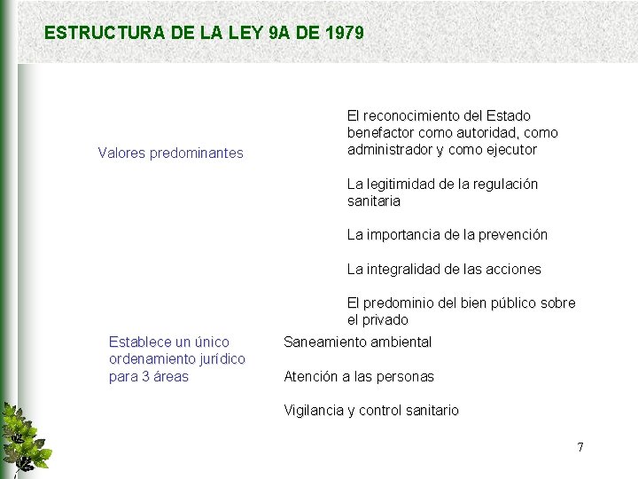 ESTRUCTURA DE LA LEY 9 A DE 1979 Valores predominantes El reconocimiento del Estado